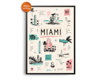Miami-Reiseposter | Handgezeichnete Illustration | Stadtbild | Wanddeko für Reisende | Wohnaccessoires | Geschenk für Reisende