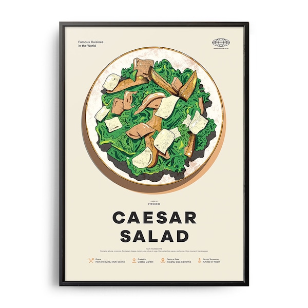 CAESAR SALAD Poster, Midcentury Caesar Salad Print, Food Wall Art, Food Recipe Wall Decor, Retro Food Poster, Kitchen Decor, Gift Poster