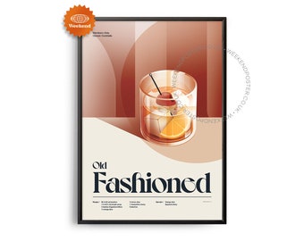 May include: A vintage-style poster with an illustration of an Old Fashioned cocktail in a glass with ice, an orange slice, and a cherry. The text "Old Fashioned" is in a bold, retro font. The poster has a peach and brown color scheme.