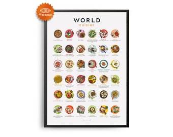 Mid-century WORLD FAMOUS CUISINE guide poster, Food Wall Art, Food Recipe Wall Decor, Retro Food Poster, Kitchen Decor, World Cuisine