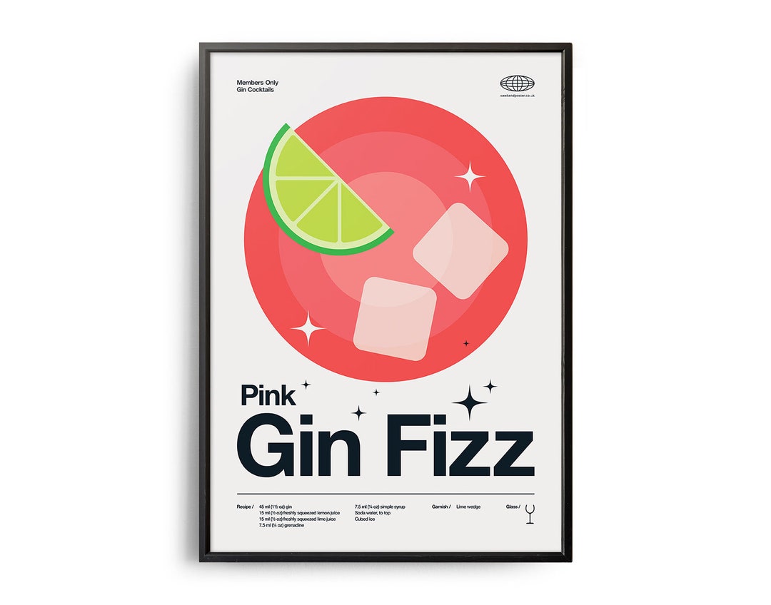 Midcentury Pink Gin Fizz Cocktail Poster, Pink Gin Fizz Cocktail Print, Cocktail Kitchen Art