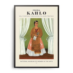 May include: A painting of Frida Kahlo, titled "Self-Portrait Dedicated to Leon Trotsky", depicts her standing in a room with white curtains. She is wearing a brown shawl and a pink dress with white lace. She is holding a bouquet of flowers in her left hand and a letter in her right hand. The painting is from the National Museum of Women in the Arts.