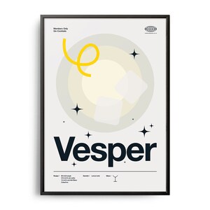 Póster de cóctel Vesper de mediados de siglo, impresión de cóctel Vesper, arte de cocina con cócteles, póster de receta de cóctel Vesper, arte de regalo de cóctel Vesper