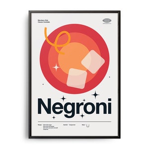 Póster de cóctel Negroni de mediados de siglo, impresión de cóctel Negroni, arte de cocina con cócteles, póster de receta de cóctel Negroni, arte de regalo de cóctel Negroni