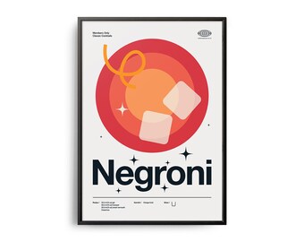 Negroni-cocktailaffisch från mitten av århundradet, Negroni-cocktailtryck, cocktailkökskonst, Negroni-cocktailreceptaffisch, Negroni-cocktailgåvakonst
