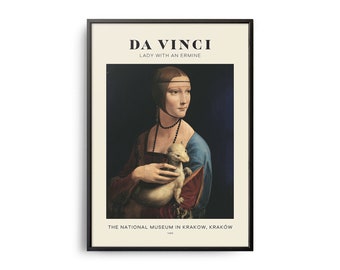 Da Vinci-dame met een hermelijn midden van de eeuw kunstposter, beroemde schilderijen, muurdecoratie beroemde kunstenaar, museummuurkunst, tentoonstelling muurkunst