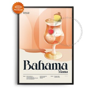 Póster de cóctel Bahama Mama de mediados de siglo, impresión de cócteles, arte de cocina de cócteles, póster de recetas de cócteles, arte de regalo de cócteles, Bahama Mama retro