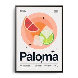 Póster de cóctel Paloma de mediados de siglo, impresión de cóctel Paloma, arte de cocina con cócteles, póster de receta de cóctel Paloma, arte de regalo de cóctel Paloma