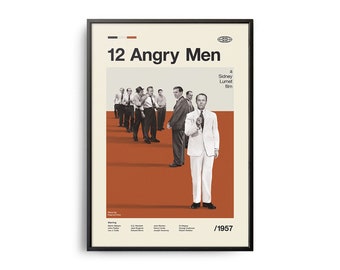 May include: A vintage movie poster for the film "12 Angry Men", a Sidney Lumet film from 1957. The poster features a black and white image of 12 men in a courtroom setting, with one man standing out in a white suit.