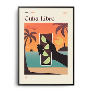 Puede incluir: Un póster de estilo retro con una escena de puesta de sol y una mano sosteniendo un vaso de Cuba Libre. El póster presenta el texto "Cuba Libre" en una fuente negra y en negrita.