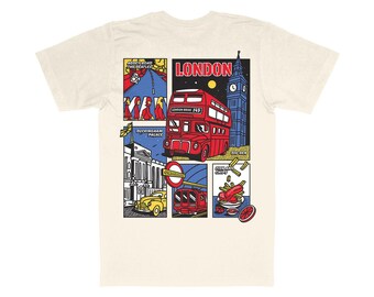 Camiseta London Landmark – Camiseta gráfica colorida de ciudad de mediados de siglo – Regalo de viaje de algodón orgánico – Corte unisex – Camiseta gráfica inspirada en viajes