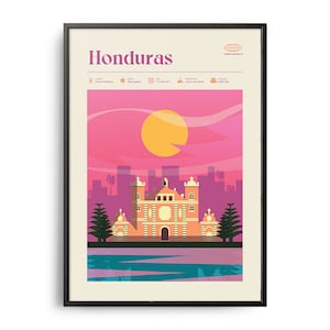 Stampa di metà secolo dell'Honduras, monumenti dell'Honduras, attrazioni turistiche, poster di viaggio retrò, stampa retrò dell'Honduras, arte murale dell'Honduras, arredamento per la casa