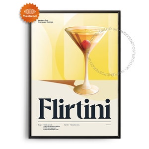 Póster de cóctel Flirtini de mediados de siglo, impresión de cóctel Flirtini, arte de cocina de cócteles, póster de recetas de cócteles, arte de regalo de cócteles, retro