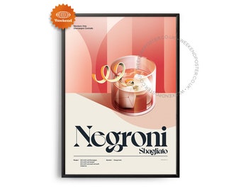 Poster del cocktail Negroni Sbagliato di metà secolo, stampa del cocktail Negroni, arte da cucina per cocktail, poster di ricette per cocktail, arte regalo per cocktail, retrò