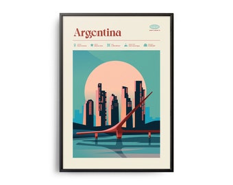 Midcentury Argentina Print, Argentina Landmarks, Tourist Attractions, Retro Travel Poster, Retro Argentina Print, Argentina Wall Art, Retro