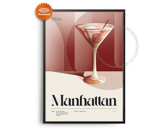 May include: A vintage-style poster with a red and white color scheme featuring a martini glass filled with a red cocktail and a cherry. The text "Manhattan" is printed in bold black letters below the glass. The poster is framed in black.