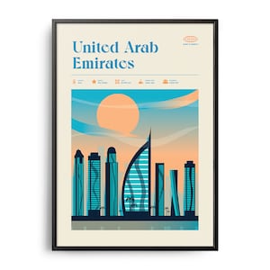 Impresión de Dubái de mediados de siglo, Monumentos de Dubái, Atracciones turísticas, Póster de viaje retro, Impresión retro de los EAU, Arte mural de Abu Dabi, Arte de viaje a Dubái
