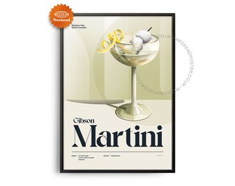 Midcentury Gibson Martini Cocktail Poster, Gibson Martini Cocktail Print, Cocktail Kitchen Art, Cocktail Recipe Poster, Cocktail Gift Art