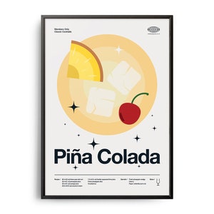 Póster de cóctel de piña colada de mediados de siglo, impresión de cóctel de piña colada, arte de cocina de cócteles, póster de recetas de cócteles, arte de regalo de cócteles, colada