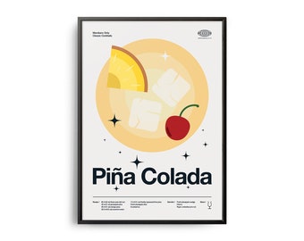 Midcentury Piña Colada Cocktail Poster, Piña Colada Cocktail Print, Cocktail Kitchen Art, Cocktail Recipe Poster, Cocktail Gift Art, Colada