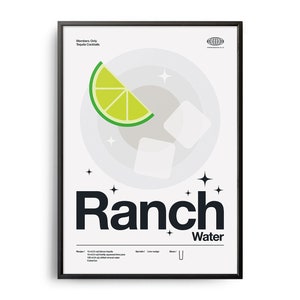 Puede incluir: Un póster en blanco y negro con el texto "Members Only Tequila Cocktails" y "Ranch Water" en negrita. El póster presenta un círculo blanco con una rodaja de lima y cubitos de hielo, y un pequeño diseño de estrellas.