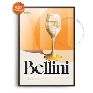 Midcentury Bellini Cocktail Poster, Bellini Cocktail Print, Cocktail Kitchen Art, Bellini Cocktail Recipe Poster, Bellini Cocktail Gift Art