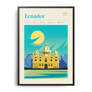 Midcentury Ecuador Print, Ecuador Landmarks, Tourist Attractions, Retro Travel Poster, Retro Ecuador Print, Ecuador Wall Art, Retro Ecuador