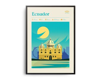 Stampa dell'Ecuador di metà secolo, monumenti dell'Ecuador, attrazioni turistiche, poster di viaggio retrò, stampa retrò dell'Ecuador, arte murale dell'Ecuador, Ecuador retrò