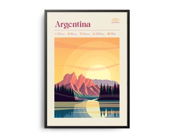 Midcentury Argentina Print, Argentina Landmarks, Tourist Attractions, Retro Travel Poster, Retro Argentina Print, Argentina Wall Art, Retro
