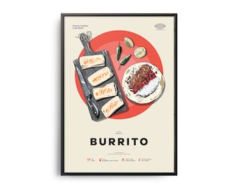 BURRITO Poster, Midcentury Burrito Print, Food Wall Art, Food Recipe Wall Decor, Retro Food Poster, Kitchen Decor, World Cuisine Print, Gift
