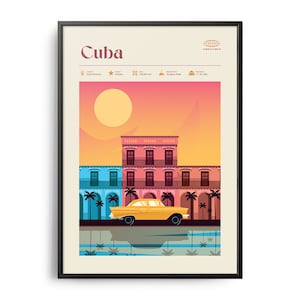 Midcentury Cuba Print, Cuba Landmarks, Tourist Attractions, Retro Travel Poster, Retro Cuba Print, Cuba Wall Art, Retro Cuba Art, Cuba Decor