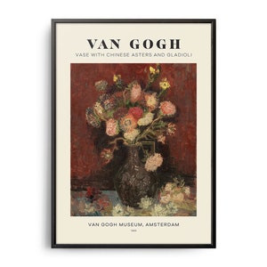 Jarrón de Van Gogh con ásteres chinos y gladiolos. Póster de mediados de siglo. Pintura famosa. Decoración de pared de un artista famoso. Arte mural de museo.
