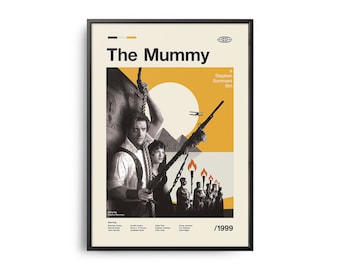 Pode incluir: Um cartaz de filme de estilo vintage para "A Múmia" com uma imagem em preto e branco dos personagens principais, um fundo amarelo com um sol e um avião, e o texto "A Múmia, um filme de Stephen Sommers, 1999".