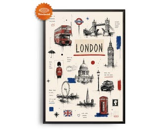 London-Reiseposter | Handgezeichnete Illustration | Stadtbild für die Wand | Reise-Wanddeko | Wohndeko | Geschenk für Reisende