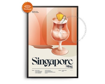 Midcentury Singapore Sling Cocktail Poster, Singapore Sling Cocktail Druck, Cocktail Küchenkunst, Cocktailrezept Poster, Cocktail Geschenk Art