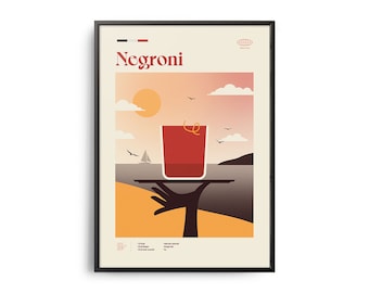 Negroni Cocktail Midcentury Poster, Cocktail Recipe Poster, Cocktail Guide, Kitchen Cocktail Wall Decor, Classical Cocktails, Cocktail Gift