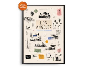 Los Angeles Reiseposter | Handgezeichnete Illustration | Stadtbild | Wanddeko für Reisende | Wohnaccessoires | Geschenk für Reisende