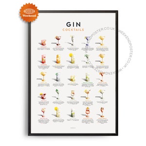 Póster de la guía de cócteles de ginebra de mediados de siglo, impresión de cócteles de ginebra, guía de cócteles de ginebra, arte de cocina, póster de recetas de cócteles de ginebra, regalo de cócteles de ginebra