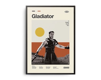 Pode incluir: Um cartaz de filme minimalista para o filme "Gladiator" com uma imagem em preto e branco de um homem em traje de gladiador, um sol amarelo e um fundo vermelho e laranja. O texto "Gladiator" está em preto e o texto "um filme de Ridley Scott" está em cinza. O ano "2000" está em preto.