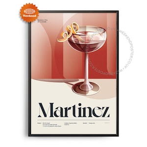 Póster de cóctel Martínez de mediados de siglo, impresión de cóctel Martínez, arte de cocina de cócteles, póster de recetas de cócteles, arte de regalo de cócteles, retro