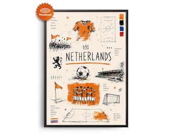 Poster di calcio dell'Olanda / Quadro vintage di calcio disegnato a mano / Illustrazione ispirata alla nazionale / Regalo per appassionati di calcio