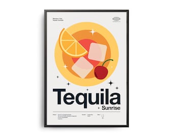 Midcentury Tequila Sunrise Cocktail Poster, Tequila Sunrise Cocktail Print, Cocktail Kitchen Art, Cocktail Recipe Poster, Cocktail Gift Art