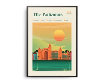 Midcentury The Bahamas Print, The Bahamas Landmarks, Tourist Attractions, Retro Travel Poster, Retro The Bahamas Print, The Bahamas Wall Art