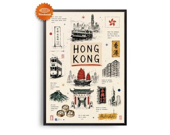 Hongkong-Reiseposter | Handgezeichnete Illustration | Stadtbild | Wanddekoration für Reisende | Wohnaccessoires | Geschenk für Reisende
