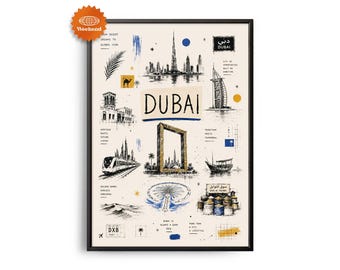 DUBAI Travel Poster | Hand Drawn Illustration | City Wall Art | Travel Wall Decor | Home Decor | Gift for Travelers