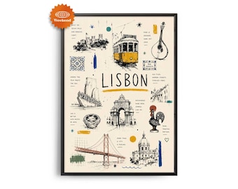 Lissabon-Reiseposter | Handgezeichnete Illustration | Stadtbild für die Wand | Reise-Wanddeko | Wohndeko | Geschenk für Reisende