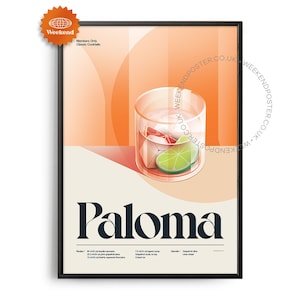 Midcentury Paloma Cocktail Poster, Paloma Cocktail Druck, Cocktail Küchenkunst, Cocktailrezept Poster, Cocktail Geschenk Kunst, Retro