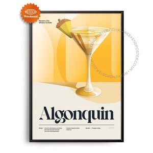 Póster de cóctel Algonquin de mediados de siglo, impresión de cóctel Algonquin, arte de cocina de cócteles, póster de recetas de cócteles, arte de regalo de cócteles, retro