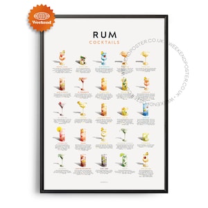Póster de la guía de cócteles con ron de mediados de siglo, impresión de cócteles con ron, arte de cocina con la guía de cócteles con ron, póster de recetas de cócteles con ron, regalo de cócteles con ron