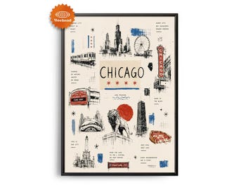 CHICAGO Travel Poster | Hand Drawn Illustration | City Wall Art | Travel Wall Decor | Home Decor | Gift for Travelers